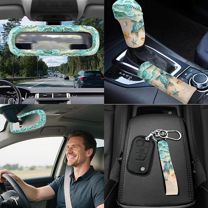 Beach Sea Turtl Car Seat Covers Full Sets 18 Pack Universal Car Interior Accessories Sets Sea Turtle Steering Wheel Car Covers Anti Slip Cute Car Trash Can Car Headrest Covers Seat Belt Cover