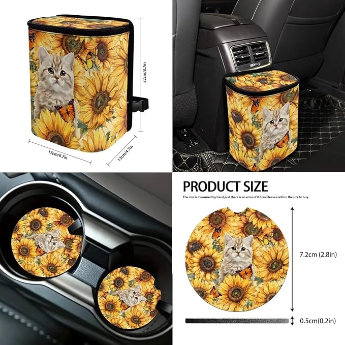 Suobstales Cat Sunflower Butterfly Print Car Seat Covers Set with Seat Belt Cover, Trash Can & More - 13 Pack