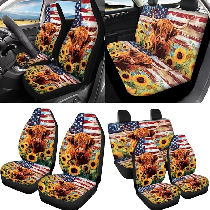 Highland Cow Sunflower American Flag Car Seat Cover Full Set 12 Pcs,Universal Fit 15 Inch Polyester Steering Wheel Cover Seat Belt Pads Armrest Cushion Keychain Car Coaster Automotive Interior