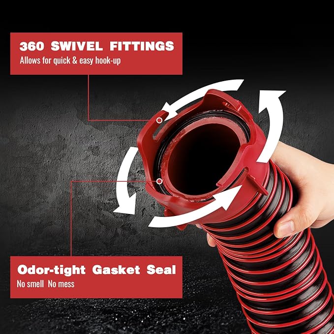 10FT RV Sewer Hose Kit: Heavy Duty Camper Waste Hose with Leak-Proof Swivel Fittings, 90° Clear Elbow, 4-in-1 Adapter, TPE Tech for Crush-Proof and UV-Resistant