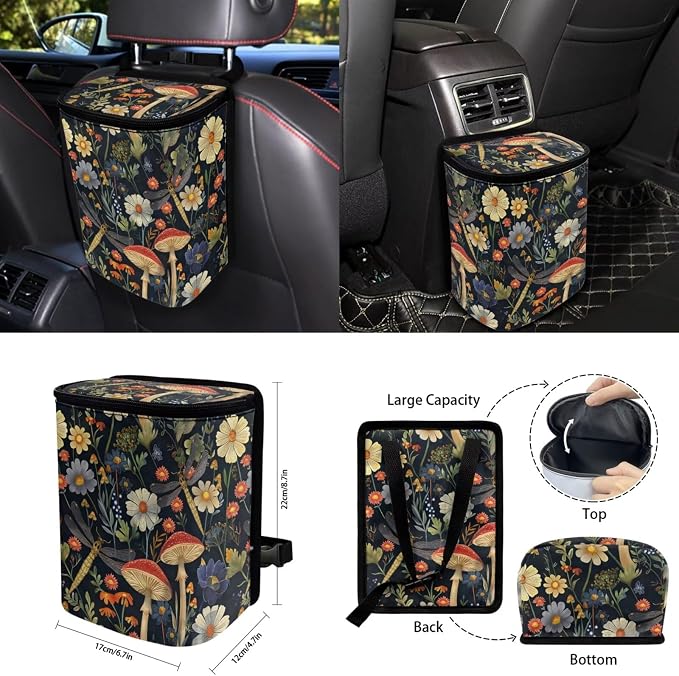 Dasiy Mushroom Car Seat Covers Full Set 15 Auto Steering Wheel Cover Seatbelt Shoulder Pad Coasters Garbage Bin Rear View Mirror Cover Keychain for SUV Van Truck
