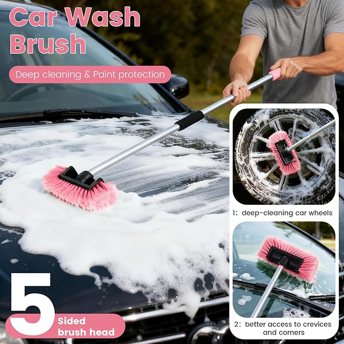 Car Wash Brush with Long Handle, 60'' Soft Bristle Cleaning Brush, Car Cleaning Brushes, Carwash Brushes for SUV, RV, Boat, Truck, House Siding, Sweep Snow,Pink