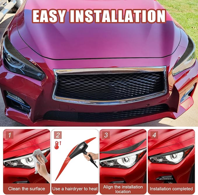 Real Carbon Fiber Headlight Eyebrows Eyelid Trim Compatible with Infiniti Q50 2014-2024, Exterior Decor Sticker Accessories