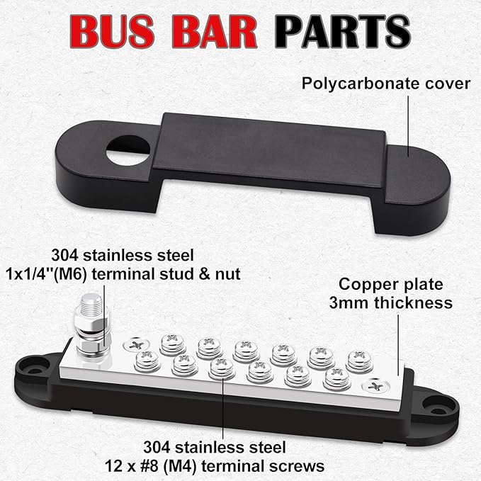 Marine Bus Bar 12V 150A 1/4" Stud Power Distribution Block, Buckle Designed Bottom Battery Busbar, Automotive Buss Bar 12v for Car, Boat and Solar Wiring (Black)