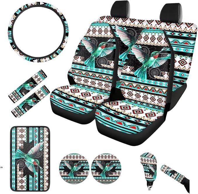 BIGCARJOB Car Seat Covers Full Set 13 Pcs Hummingbird Tribal Car Accessories Set with Seat Belt Pads,Armrest Pad Set,Universal Fit Most Fits Most Cars SUV and Truck