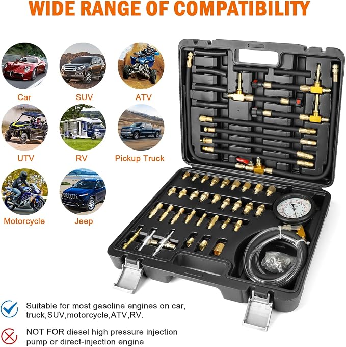 Pro Fuel Injection Pressure Tester Kit Gauge 0-140 PSI with 9.49,7.89,6.30 Fuel Line Fittings