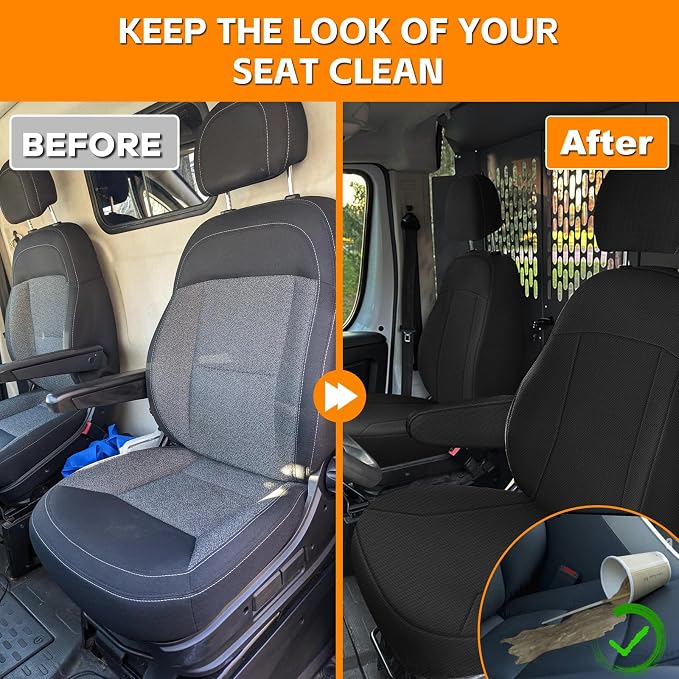 Front Bucket Seat Covers Compatible with 2013-2020 Dodge Ram Promaster Van, Armrest on Drivers Only, Breathable Automotive Cover Cushion Accessories, Black