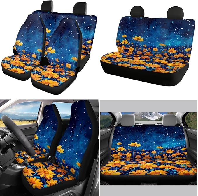 POLERO Galaxy Floral Car Seat Covers Womens Floral Steering Wheel Cover Set 11Pcs Aesthetic Car Interior Accessories with Cute Keyrings