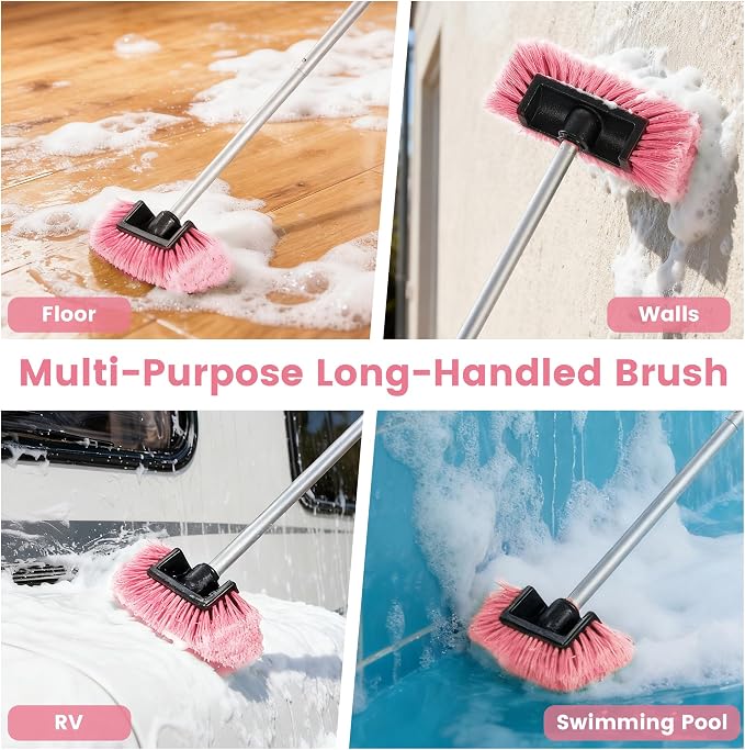 Car Wash Brush with Long Handle, 60'' Soft Bristle Cleaning Brush, Car Cleaning Brushes, Carwash Brushes for SUV, RV, Boat, Truck, House Siding, Sweep Snow,Pink