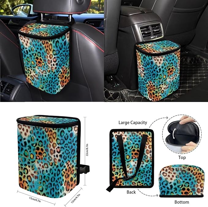 Multicolor Leopard Car Seat Covers Full Set 15 Pcs Universal Car Accessories Steering Wheel Cover Seat Belt Pads Garbage Bag Car Headrest Pillow Covers Armrest Pad