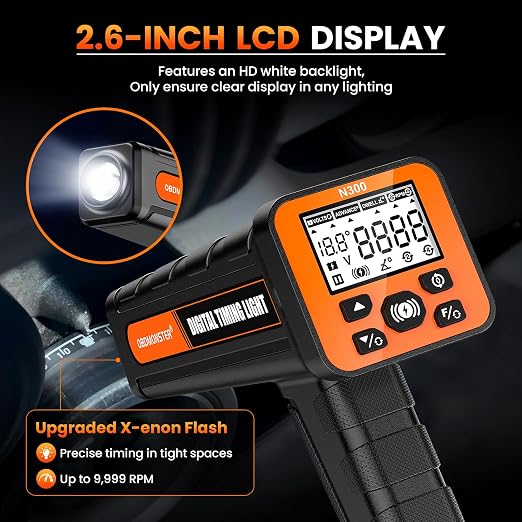 N300 Pro Digital Timing Light with Voltage Test & Dwell Angle, and Advance Angle & RPM, 2.6" LCD High-Definition Backlit Display, Works on 12V Gasoline Engines (2/4 Stroke)