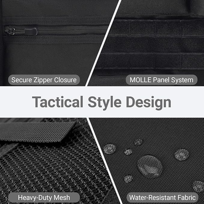 Tactical Car Seat Organizer with Multiple Pockets, MOLLE Panel System & Mesh Compartments, Durable Nylon Universal Vehicle Backseat Storage with Cup Holder, Water-Resistant (Black)