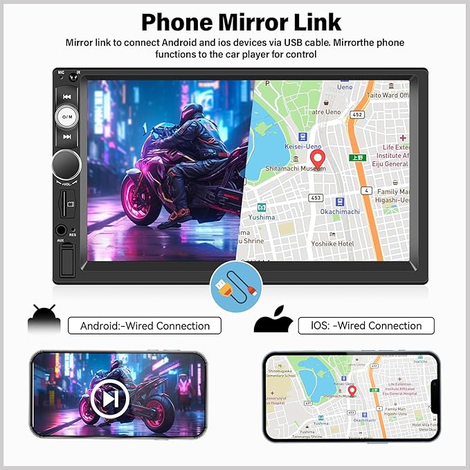 Double Din A-pple CarPlay Car Stereo with Carplay Android Auto,Bluetooth,7" HD Touchscreen 2 Din Car Radio Car Multimedia MP5 Player AUX/USB/TF Card Input Mirror Link,FM,SWC+12 LEDs-Backup Cam Mic USB