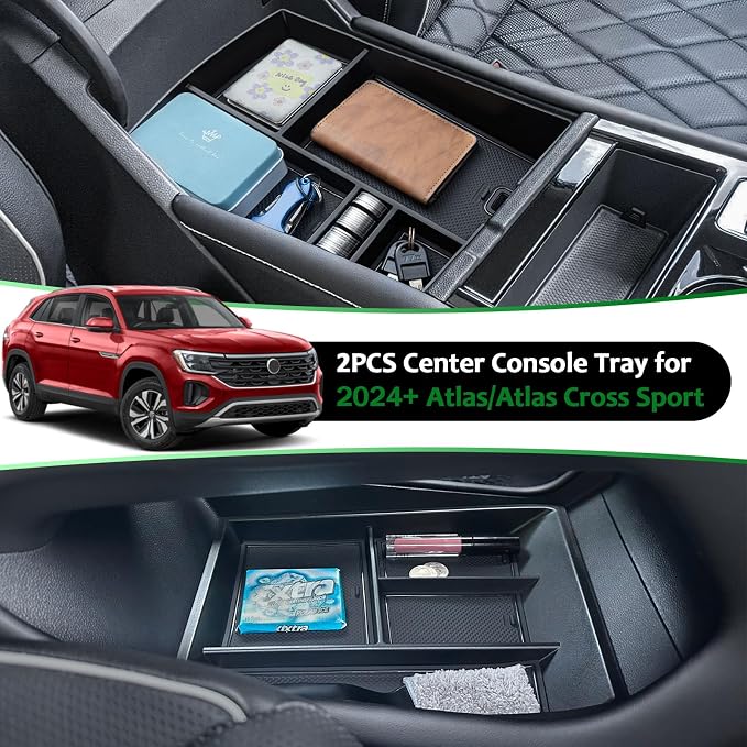 TOPINSTALL 2PCS Console Trays Compatible with 2024-2026 VW Atlas/Atlas Cross Sport Accessories, Armrest Organizer & Lower Center Console Tray Bottom Storage Insert Interior Accessory