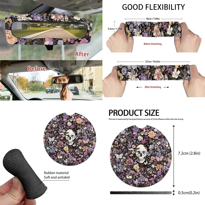 Skull Flower 15 PCS Car Seat Cover Full Set with Steering Wheel Cover Seat Belt Strap Pads Cup Coasters Trash Bag Rearview Mirror Cover Keychain Auto Interior Decor