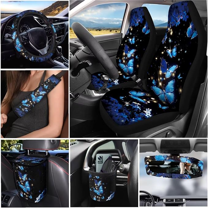 Dreaweet Blue Butterfly Car Seat Covers Full Set for Women Fashion Car Accessories Seat Cover with Steering Wheel Cover Seatbelt Pad Coasters Garbage Bag Air Vent Pouch Rear View Mirror Cover Keychain