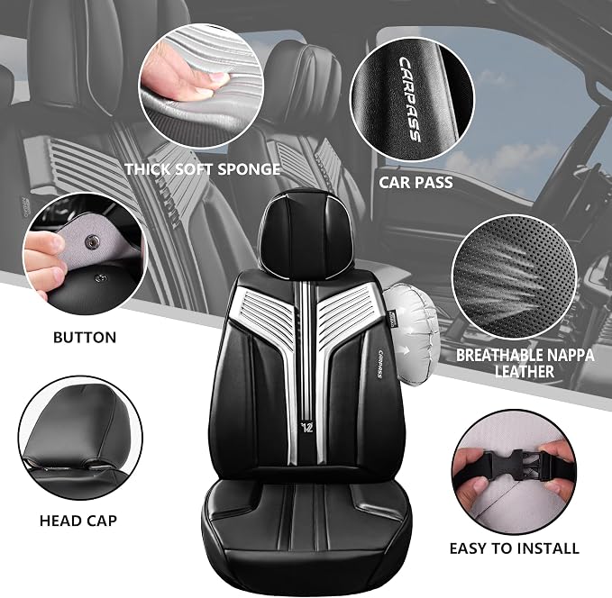 CAR PASS Nappa Leather Seat Covers, Breathable Waterproof Car Seat Covers Full Set, Luxury Leather Front and Back Seats Full Coverage, Universal Fit SUV Pick-up Truck Sedan Automotive(Black Sliver)