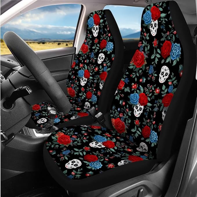 Skull Rose Design Car Seat Cover Full Set with Car Steering Wheel Cover, Auto Armrest Pad Protector, Auto Seat Belt Pads, Automotive Interior Accessories Set of 8, Helloween Decorations