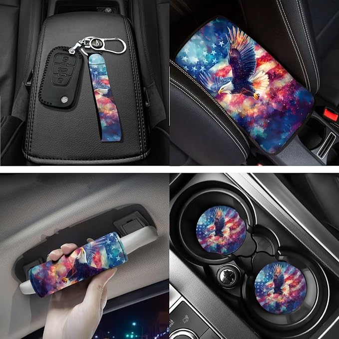 18 Pcs Eagle American Flag Car Interior Accessories Set, Car Seat Covers Full Set with Auto Steering Wheel Cover Floor Mats Armrest Pad Seat Belt Pads Handle Wraps Cup Coaster Keychain