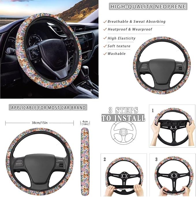 Boho Mandala Highland Cattle Pattern Car Accessories Car Seat Covers Full Set with Steering Wheel Covers+Seat Belt Pads+Coasters+Keychain+Lipstick Holder Universal Fit(13 Pack)