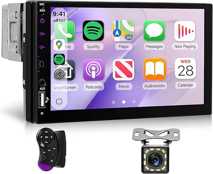 Single Din Car Stereo with Wireless CarPlay Android Auto, 7 Inch LCD Touch Screen Car Radio Bluetooth/MirrorLink/FM/EQ/USB/SWC/Type-C Charging + Backup Camera
