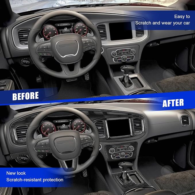 12PCS Carbon Fiber Interior Cover Kit Compatible with 2015-2023 Dodge Charger, Gear Shift Panel Cover Cup Holder Cover AC Air Vent Cover Headlight Switch Panel Cover Steering Wheel Cover