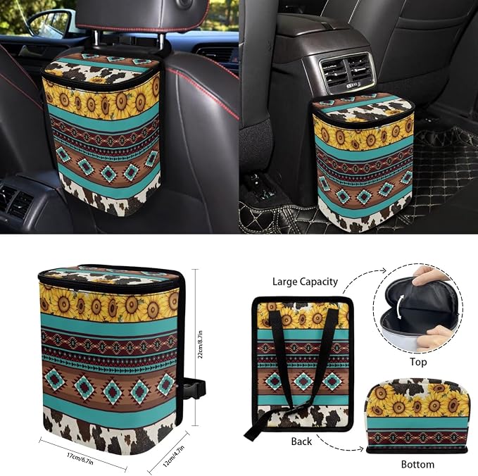 Aztec Sunflower Cowhide Car Seat Covers Set of 15 with Universal Steering Wheel Cover, Rearview Mirror Cover, Car Trash Can, Seatbelt Pads, Cup Holder Coasters, Keychains