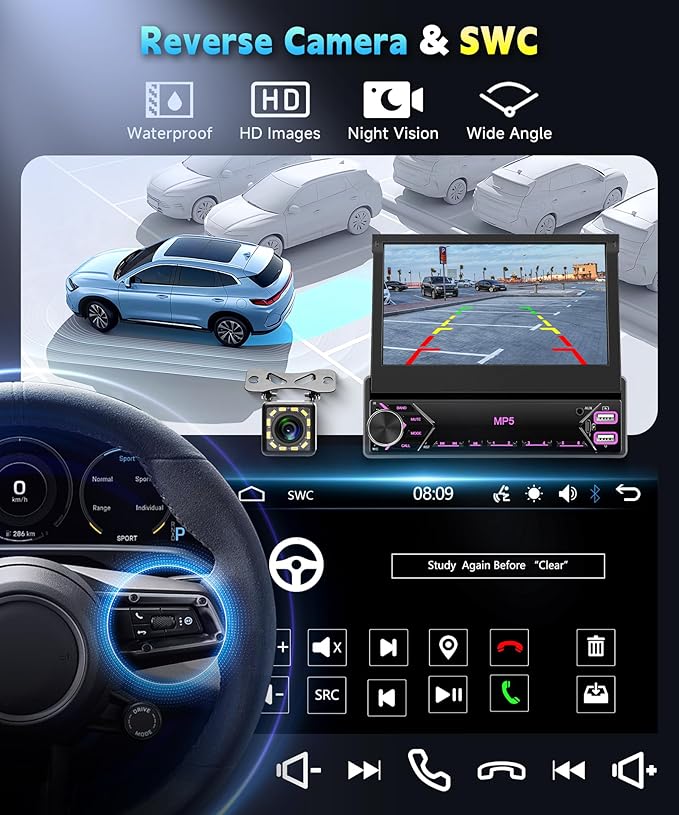 7 inch Single Din Flip Out IPS Touchscreen Car Stereo, 1 Din Car Stereo with Bluetooth Car Audio Receivers, Backup Camera, FM Radio/Mirror Link/USB/AUX/TF/Type-C Fast Charging