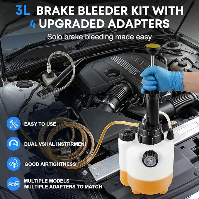 3L Brake Fluid Bleeder Kit with 1L Catch Bottle, Manual Pressure Brake Bleeder Tool One Person Brake Bleeding Kit with 4 Master Cylinder Adapters for Brake and Clutch System Flush