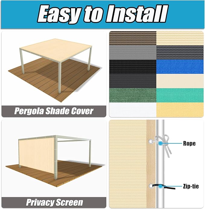 Amagenix 90% Pergola Shade Cover 6' X 8' Sun Shade Cloth with Grommets for Outdoor Garden Patio Porch, Commercial Grade 200 GSM - Cable Zip Ties Included (We Customized) GN108, Wheat