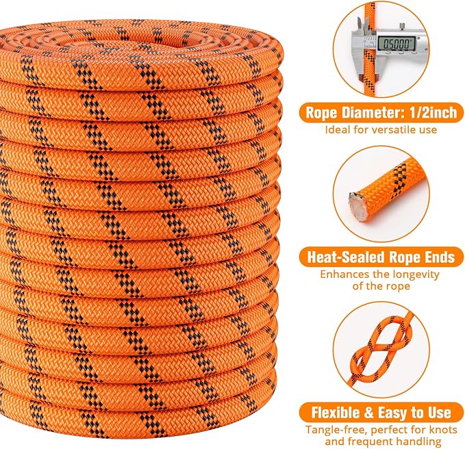 Double Braided Arborist Rigging Rope - 1/2 in X 120 ft 24 Strands Rappelling Outdoor Pulling Heavy Duty Polyester Bull Rope for Swing Tree Work Camping Rescue Hiking Logging - Orange