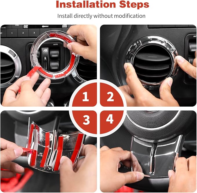 CheroCar 18PCS Interior Trim Kit for Jeep Wrangler JK JKU 2011-2018 4 Door,Steering Button Frame, Air Conditioning Vent Trim Cup Holder Cover,Gear Shift Knobs Frame,Chrome