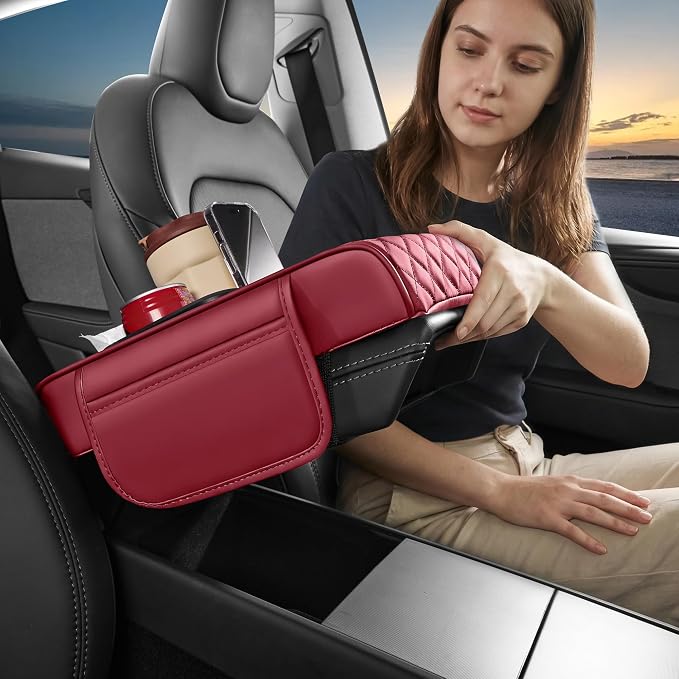 5 in 1 Nappa Leather Console Armrest Cover, Burgundy | Built-in cup holder, tissue slot, phone holder & 2 storage pockets, practical car accessories fit SUV sedan truck