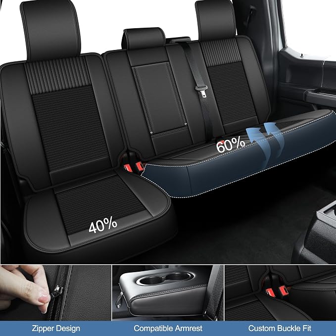 for Ford F150 2009-2026 Seat Covers F250 F350 F450 2017-2026 | Super Duty Truck Faux Leather Ice Silk XL XLT Lariat Platinum SuperCrew STX Extended Cab Trims (5 Seats, Black)