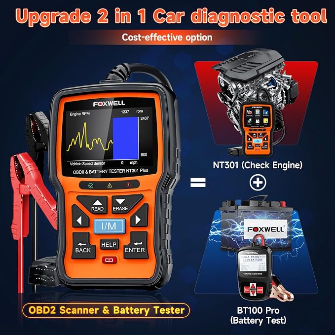 FOXWELL NT301 Plus 2 IN1 OBD2 Scanner Battery Tester with Storage Case Code Reader Scan Tool