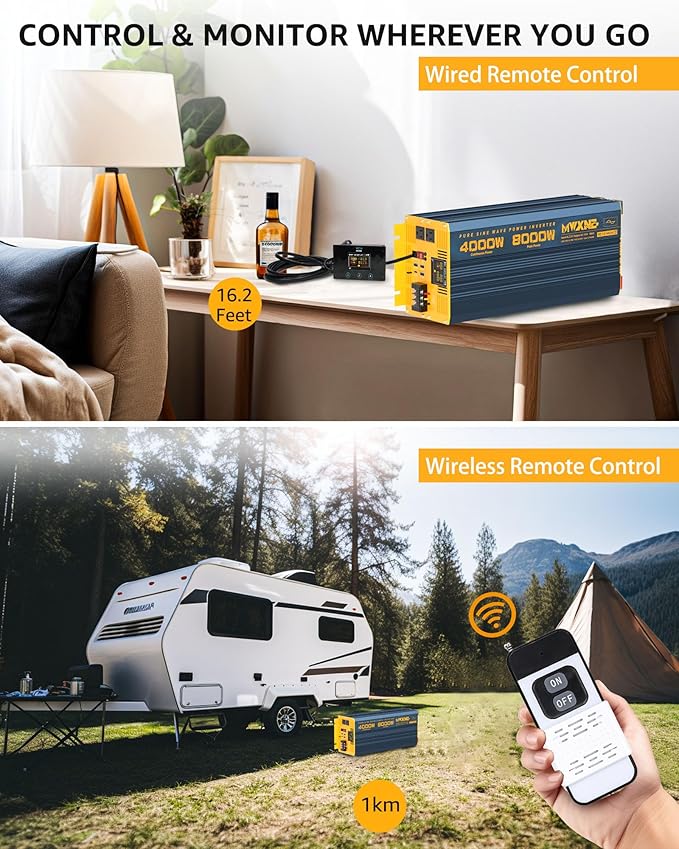 4000W Pure Sine Wave Power Inverter DC 48V to AC 110V 120V for Home RV with Dual AC Outlets 1 USB-C(60W) 3 USB-QC3.0 Fast Car Charger Adapter, LCD Display and Remote Control