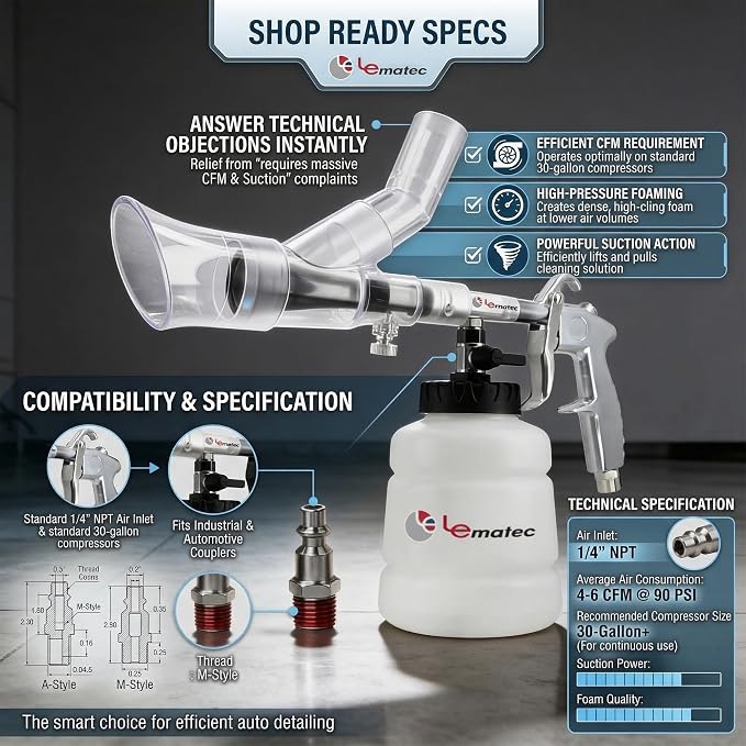 LE LEMATEC Air Tornador Car Detailing Gun & Upholstery Extractor Kit | Interior carpet vent cleaner, foam bottle, vacuum attachment, 3000 RPM, 90 PSI, 1/4" NPT compressor