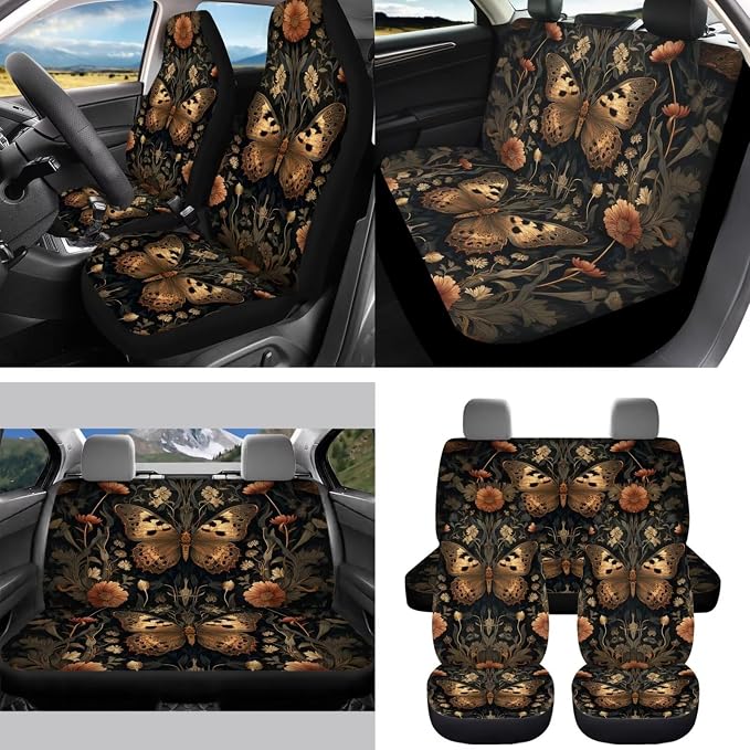 Goth Butterfly 15 PCS Car Seat Cover Set with Auto Steering Wheel Cover Seat Belt Strap Protector Cup Holder Trash Bag Rear View Mirror Protector Keychain