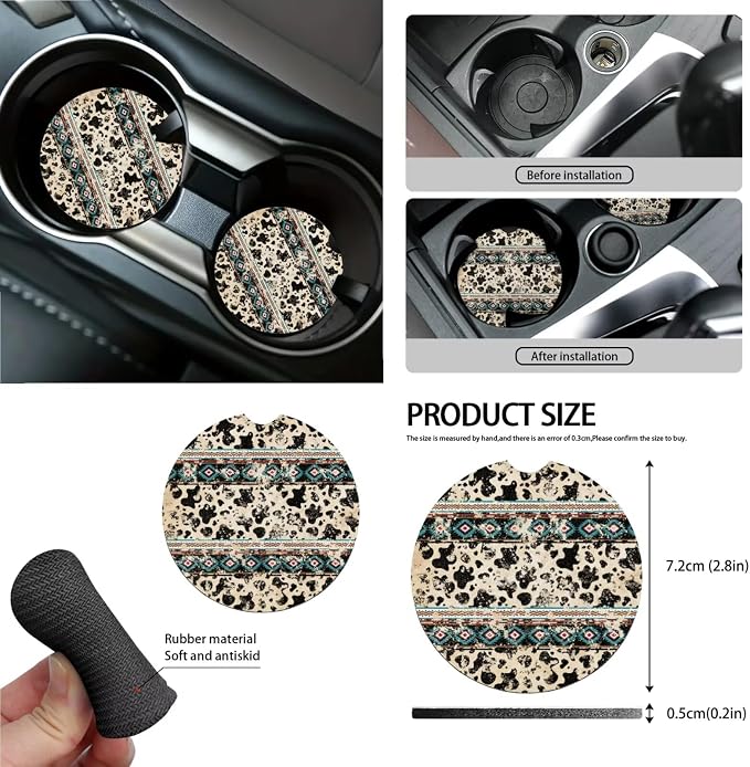 Wanyint Aztec Cow Print Retro 15 PCS Car Accessories, Universal Auto Seat Protector Steering Wheel Cover Seatbelt Strap Pad Trash Can Mount Storage Pocket Cup Holders Rearview Mirror Cover Keychain