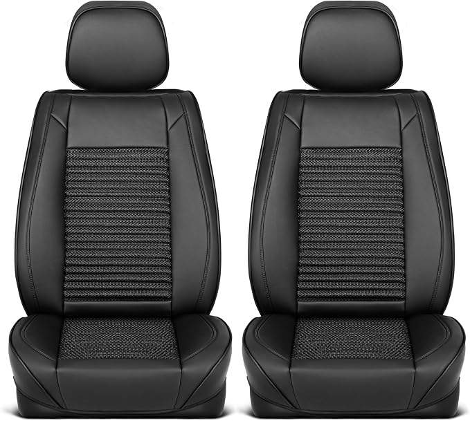 MotorBox Elite Edition Faux Leather & All Weather Wicker Seat Covers for Cars, Trucks, & SUV - 2 Black Car Seat Covers for Front Seats - Universal Fit Car Accessories Automotive Interior Protector