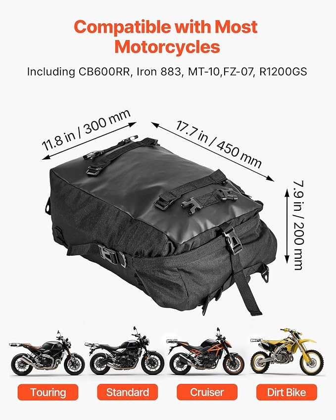 VEVOR Motorcycle Tail Bag, 30L Motorcycle Rear Seat Bag with Waterproof Rain Cover, Outdoor Sports Motorbike Luggage Storage Trunk Rack Backpack with Shoulder Straps, Universal Fit Rear Racks, Black
