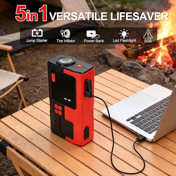 Jump Starter with Air Compressor, 5000A Tire Inflator, 16.8V Portable Jump Box with LED Light/Flashlight for 9.0L Gas/6.0L Diesel, Car Battery Jumper Starter Portable, Jumper Cables