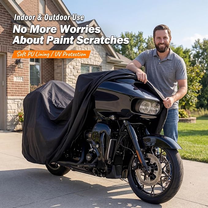 Motorcycle Cover for Harley Davidson Ultra Limited, Road Glide Limited, Street Glide Ultra, Gold Wing and Other Touring Bikes with Tour Pak/Trunk, Waterproof Heavy Duty All Weather Outdoor Storage