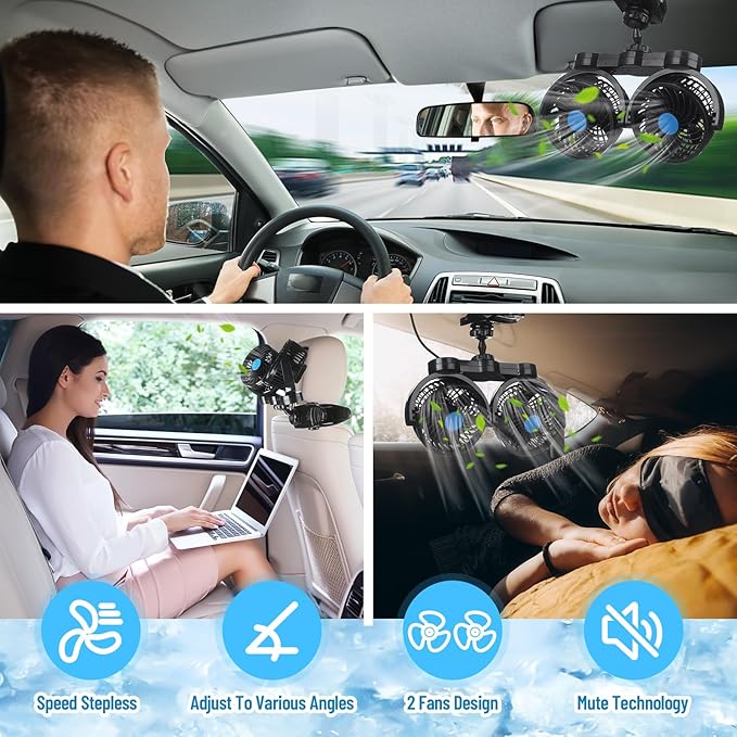 Tujoe 2 Sets 12v Car Fan Adjustable Dual Head Fan for Front Rear Seat 360° Rotatable Car Clip Fan Cooling Car Seat Fan with Stepless Speed Regulation and Cigarette Lighter Plug for Vehicles Suv Rv
