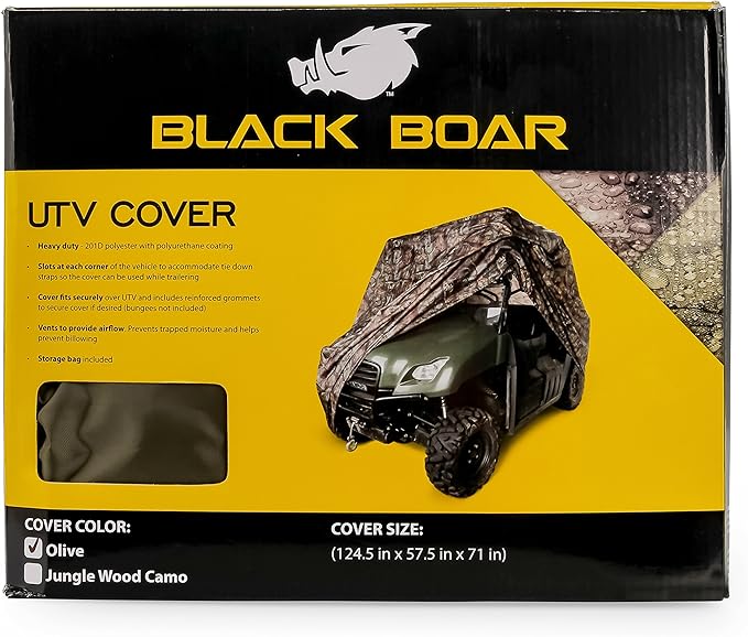 Black Boar UTV Cover - Features Waterproof Polyurethane Coating for Protection Against The Weather - Reinforced Grommets & Side Vents - Includes Storage Bag - Olive (66022)