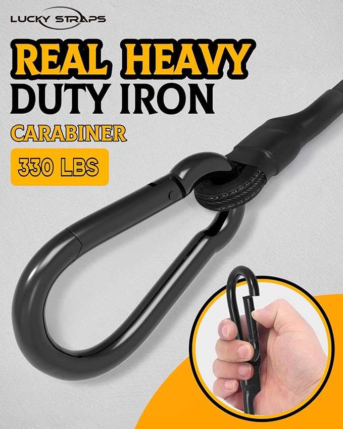 48'' Real Heavy Duty Carabiner Bungee Cords Outdoor with 190 Lbs Max Break Strength, Black Bungee Straps with Upgraded Carabiner Hooks for Luggage Rack, Cargo, Hand Carts, Bike, Camping, etc (4 Pcs)