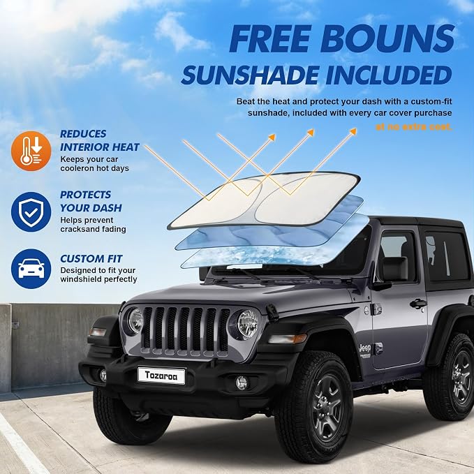 Car Cover Waterproof All-Weather,Heavy-Duty Outdoor Full Exterior Automobiles Snow Cover for Jeep Wrangler 2 Door CJ JK JL(1987-2026),with Windshield Sun Shade,Towel&Storage Bag