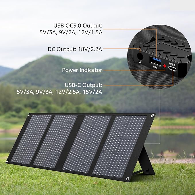 40W Solar Panel EnginStar 40 Watt Foldable Solar Panel for Portable Power Station w/QC3.0 USB Port for Phone Laptop 12-15V DC Output(10 Connectors) for Outdoor Camping RV Off Grid