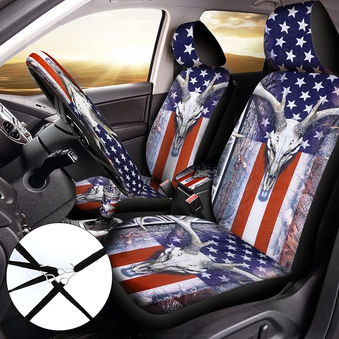 American Flag 25 PCS Patriotic Seat Covers - Skull Camo Car Accessories - 4th of July Steering Wheel Cover, Tire Valve Stem Caps, Cup Holder, Armrest Pad, Seatbelt Pads, Wrist Strap