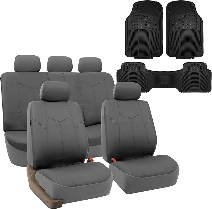 FH Group Automotive Seat Cover Protector Universal Fit Full Set Rome PU Leather Gray - Airbag Compatible and Split Bench Seat Covers for Cars Trucks SUV Combo Vinyl Floor Mats Interior Accessories